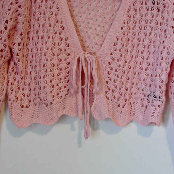 Pink Boho Crochet Knit Tie Front Cardigan Sweater Scallop Trim Cropped Top Small - Picture 10 of 16